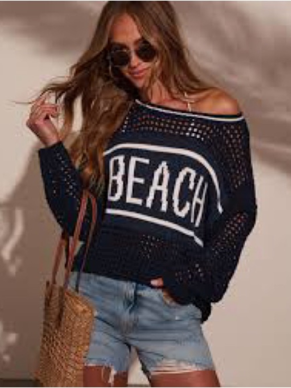 Beach Graphic Open-Knit Sweater - Navy
